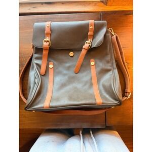 MMS Convertible Backpack Messenger Bag Olive Green Tan Faux Leather GoldHardware